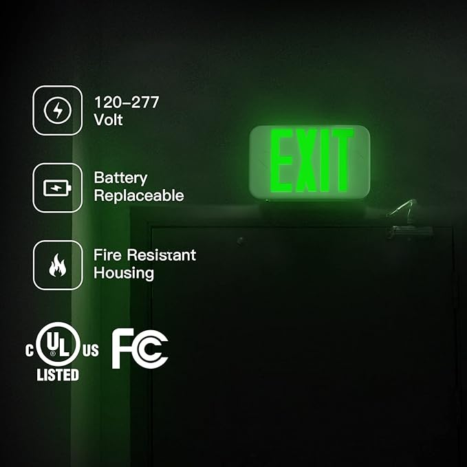 FREELICHT Green LED Exit Sign with Battery Backup,Exit Sign for Business,Easy to Install,UL Certified,AC 120/277V,Pack of 6