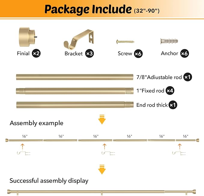 GEEBOBO 2 Pack Gold Curtain Rods for Windows 48 to 84 Inch, 1 Inch Adjustable Heavy Duty Decorative Curtain Rods, W1 (Gold, 32"-90",2 Pack)