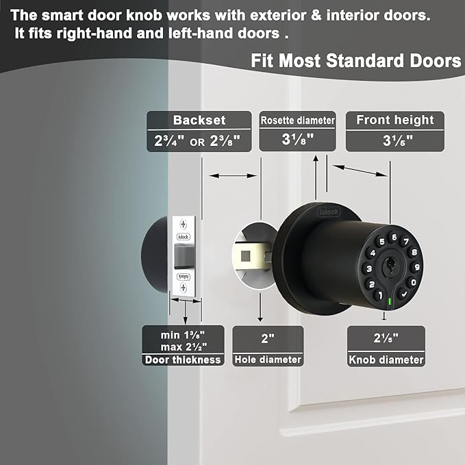 IU-20 Code Door Lock, Electronic Door Knob with Keypad and Key, Auto Lock, Waterproof, Passage Function, Long Battery Life,50 Codes, Easy to use and Install for Office/Warehouse/Bedroom/Garage
