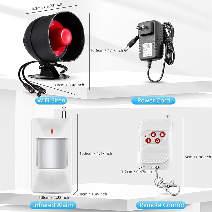 WiFi Alarm Security System, 120dB Wireless Alarm System for Home Security with Free Notification APP Control and Motion Sensor Siren, Remote Control for Shed Garage