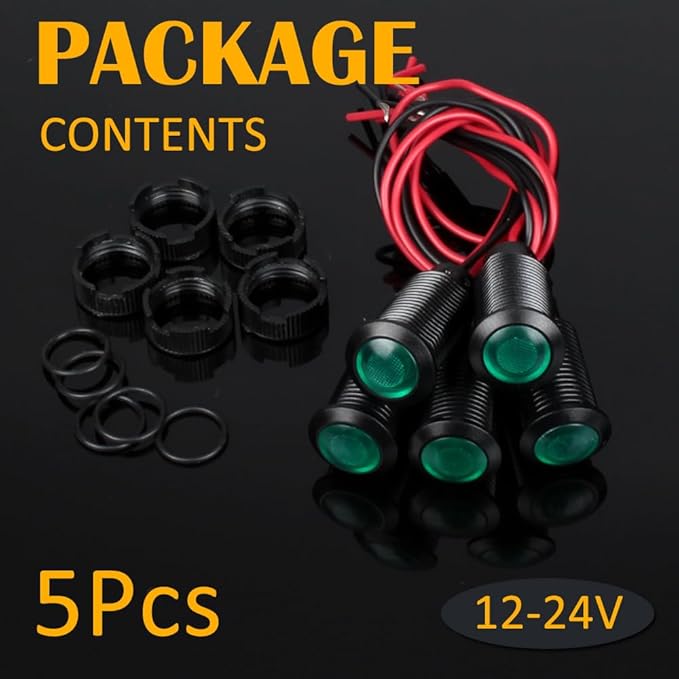 5pcs 12mm 12V-24V LED Indicator Light Plastic Black Signal Dot Lamp 12V-24V 1/2 inches Mounting Hole Size with 15cm/5.9in. Wire (Green LED)