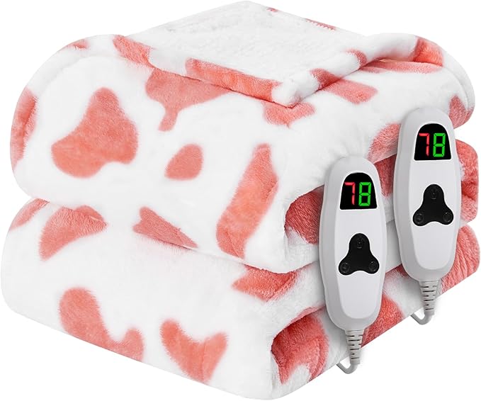 Cow Print Electric Heated Blanket Queen Size,84X90 Pink Heating Blanket Queen with Dual Control&Timer&10 Heat Levels,Cute Cow Decor Sherpa Blankets Warmer Gifts for Bed Women Adults