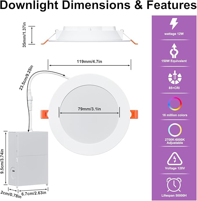 24Pack Smart Recessed Lighting 4 Inch RGBCW Color Changing 12W LED Downlight with Junction Box,1000 Lumen Recessed Ceiling Light Compatible with Alexa,Dimmable by Bluetooth Control