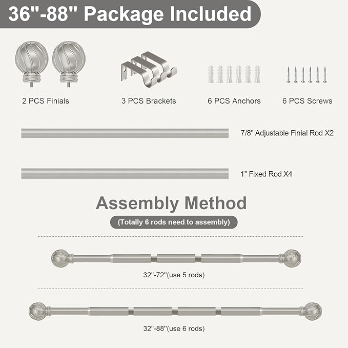 Silver Curtain Rods for Windows 48 to 84 Inch 7/8" Diamete Heavy Duty Adjustable Window Curtain Rod with Decorative Finials for Farmhouse Bedroom Living Room Kitchen Outdoor