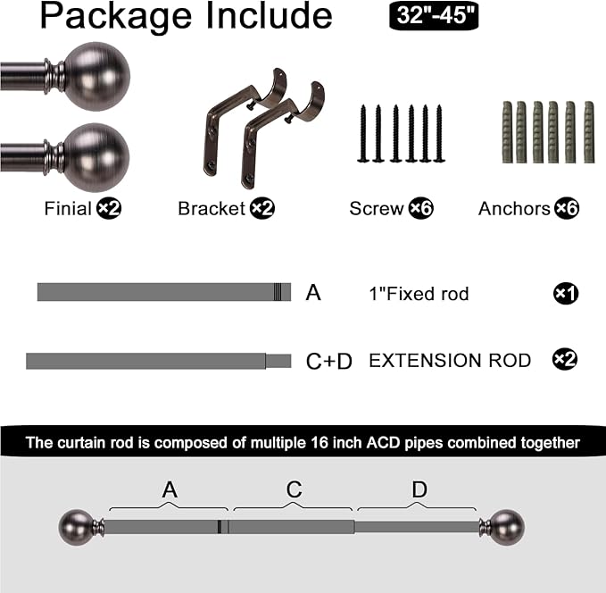 Nickel Curtain Rods for Windows 18 to 45 inches, 1 Inch Modern Metal Drapery Rods, Adjustable Heavy Duty Curtain Pole with Round Finials(18"-45"Antique Nickel)