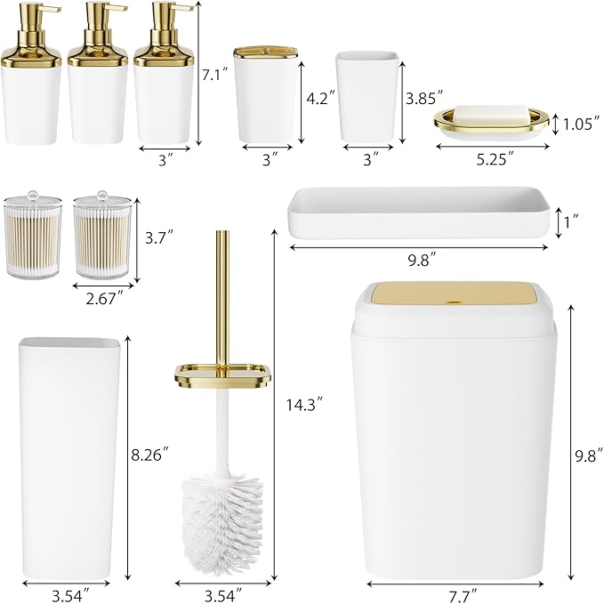 Bathroom Accessory Set, 11PC Bathroom Set, White Bathroom Accessories, Bathroom Accessories Set with Trash Can, 3PC Soap Dispensers and Toilet Brush