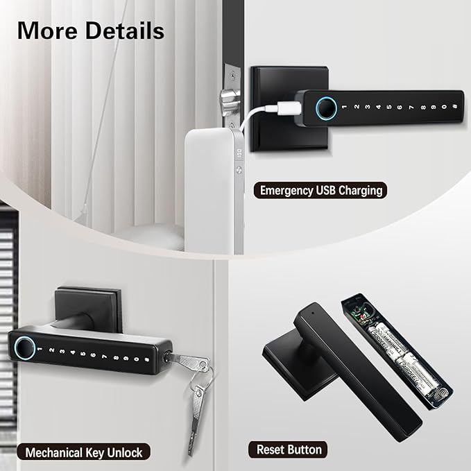 MINIA Keyless Entry Door Lock with Handle,Digital Door Knob,Smart Door Locks,Fingerprint Door Lock for Bedroom,Office and Hotel,Black Door Knobs