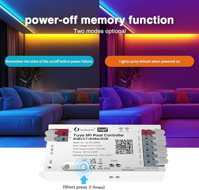 WiFi Tuya SPI Digital Pixel LED Strip Light Controller Smart Life App Control Over 40 Dynamic Lighting Easy to Setup for WS2811 TM1814B TM1934A SK6812 WS2801 WS2805 UCS2904B