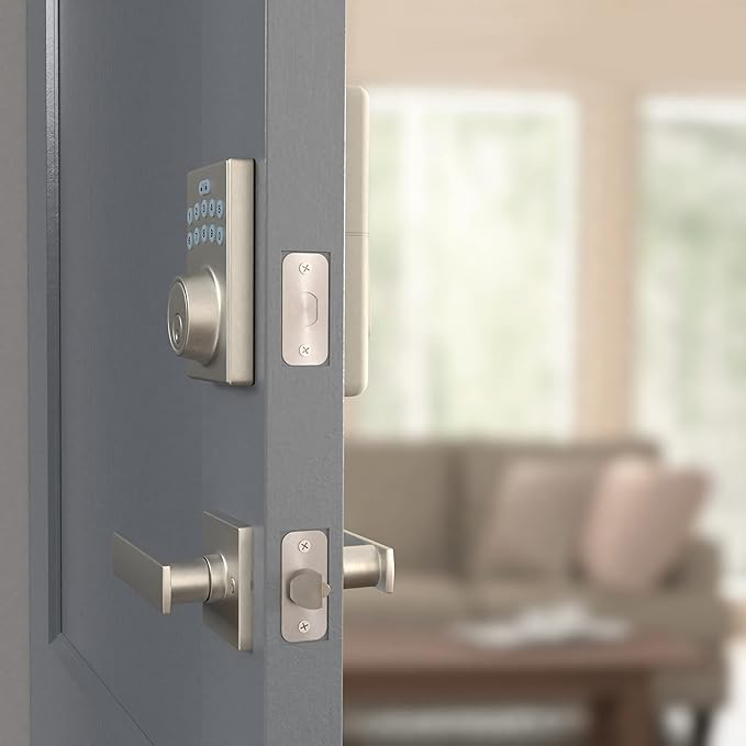 Amazon Basics Contemporary Electronic Keypad, Keyless Entry Door Lock Deadbolt with Handle Set, Key Pad Front Door with Knob, Contemporary Door Locks for Front Door, Door Handle, Satin Nickel, 1-Pack