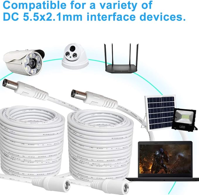 33ft 2-Pack DC Power Extension Cable,5.5mm x 2.1mm Extension Cord,12v Extension Cord for Security Camera CCTV IP,Router,LED Strip,5V 9V 24V 12 Volt Male to Female Plug Supply Adapter Power Cord