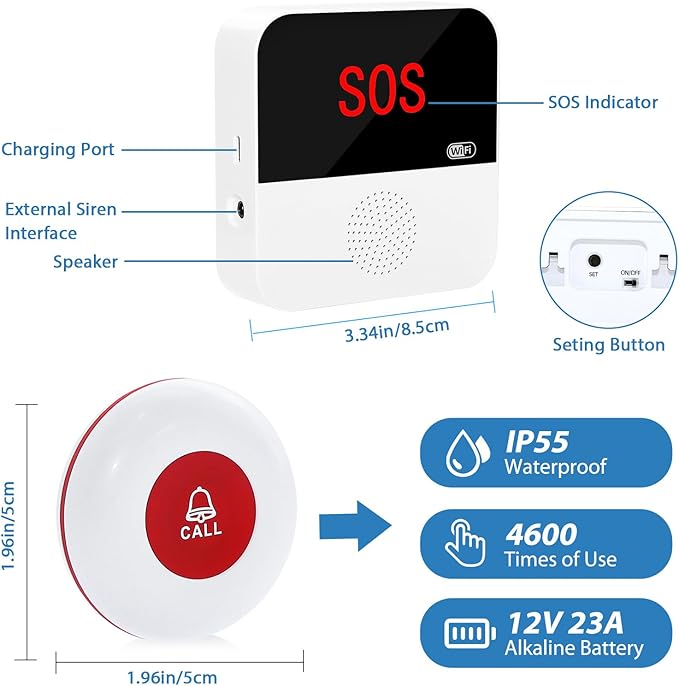 WiFi Rechargable Smart Wireless Caregiver Pager Call Button System Nurse Calling Alert System for Elderly Patient Seniors Disabled Kids 2 SOS Panic Buttons 1 Receiver (only Supports 2.4GHz Wi-Fi)