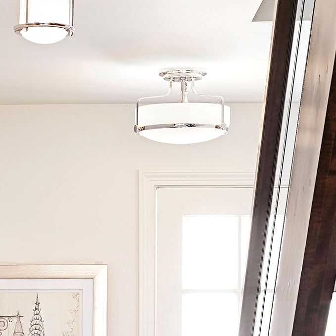 Hinkley Harper 3641CM Medium Semi-Flush Mount Ceiling Light - Sleek, Retro Style - Chrome + Etched Opal Glass