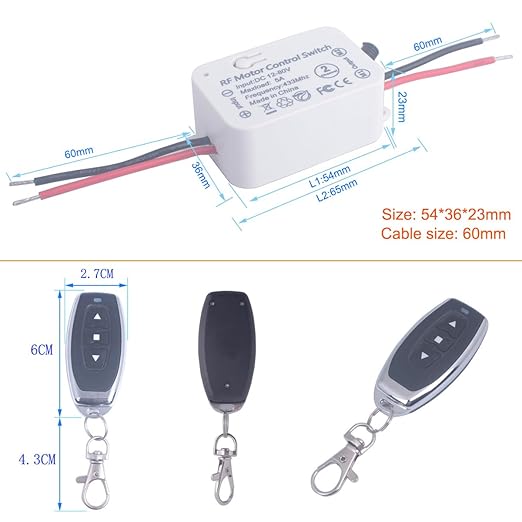 12V 24V 36V 48V DC Motor Remote Control Switch, 12V-80V 5A Wireless Relay Switches Receiver Controller with 2 Transmitters, Remote Controls Motor Move Forward and Reverse (DC 12V-80V/2* Controller)