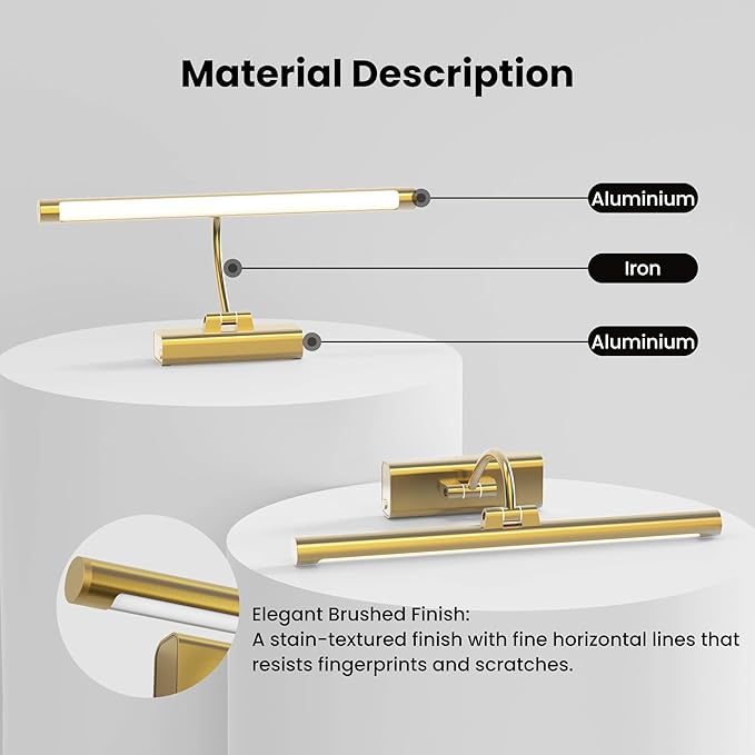 2 Pack 16" Brass Picture Art Lights - 6000mAh Rechargeable Battery Powered Wireless Lighting for Home Gallery, Office, Living & Bedroom