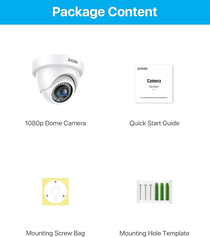 ZOSI 2MP HD Hybrid 4-in-1 Security Camera, 1080P 1920TVL Indoor Outdoor CCTV Dome Camera, 80ft Night Vision, IP66 Weatherproof, Compatible with HD-TVI, AHD, CVI and CVBS/960H Analog DVR Systems