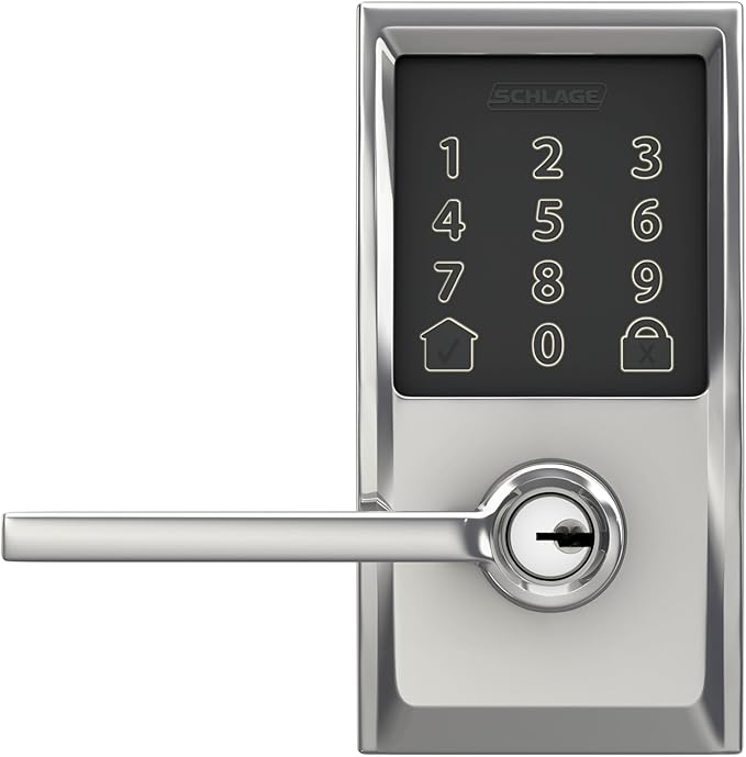 Schlage FE789WBCEN625LAT Encode Century WiFi Latitude Lever Smart Keyless Entry Touchscreen Door Lock, Bright Chrome