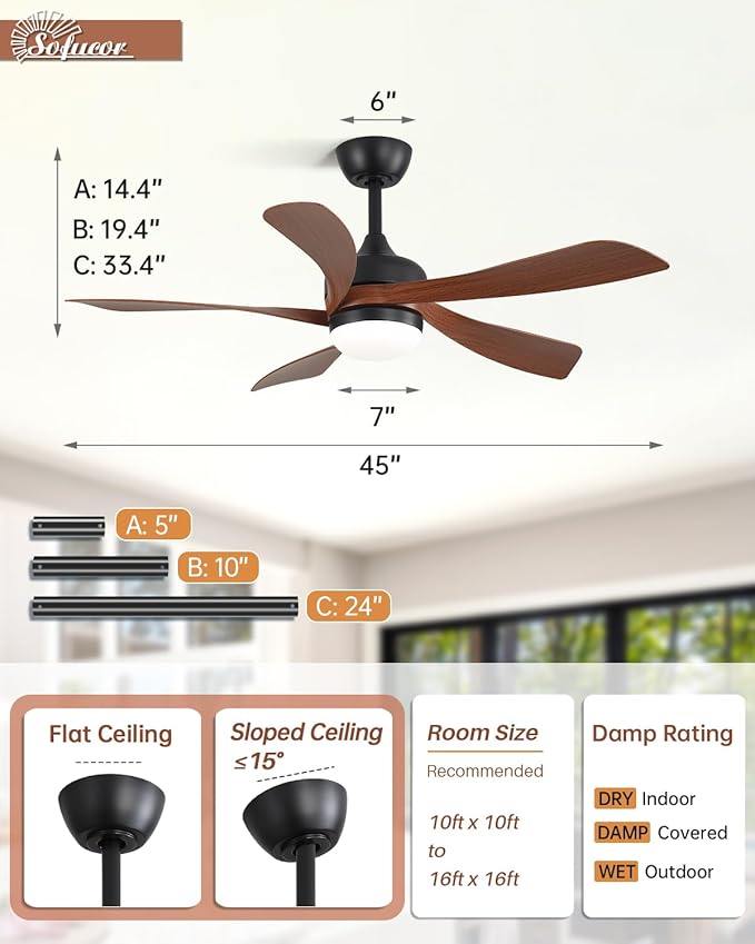 Sofucor 45" Smart Ceiling Fan, Indoor/Outdoor Ceiling Fans with Lights and Remote, Work with Alexa/Google/App, 3-Color Light 6-Speed Timing Reversible DC Motor for Bedroom Living Room Patio