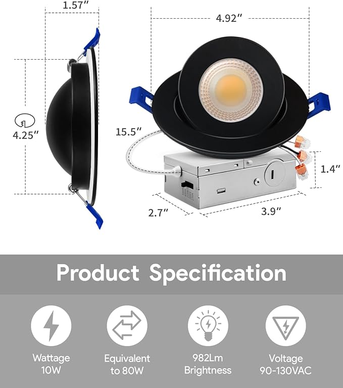 Adetu 4 inch 5CCT Gimbal Black Led Recessed Lights, 360°+90° Adjustable Directional Recessed Lighting, 2700K-5000K Dimmable Retrofit Eyeball Can Lights with Jbox, ETL&Energy Star(Black,1 Pack)