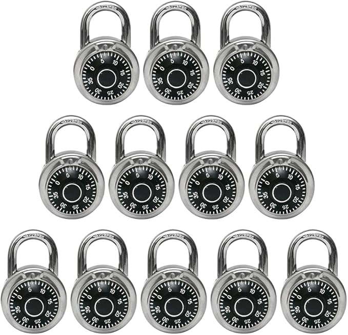 LanuBe Lock Standard Dial Combination Lock, 2 inches. Wide, with Different Combinations, Black Turnplate, Pack of 12; Lock for School, Employee, Gym Sports Locker, Case, Toolbox