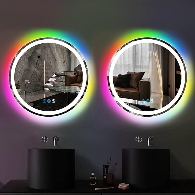 20 inches Round LED Bathroom Mirror, Wall Mounted, Front Lights (3 Colors) & RGB Backlit, Anti-Fog, Smart Light up, Circle Mirror, 20Inch Vanity Mirror, Rainbow