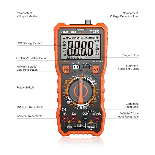 Lomvum Digital Multimeter 6000 Counts TRMS Auto-Ranging Portable Multimeter with AC DC Voltmeter and Ohmmeter Tester,Measures Voltage Current Capacitance Resistance Temperature Frequency Diode (T6)