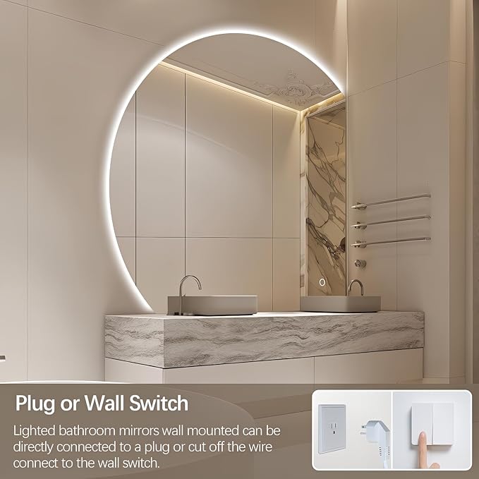 Niccy 40" Semicircular Wall Mounted Frameless LED Mirror, Modern Half Moon Design, Anti-Fog, Shatter-Proof, 3 Color Temperatures, Dimmable Light, Bathroom & Bedroom Use