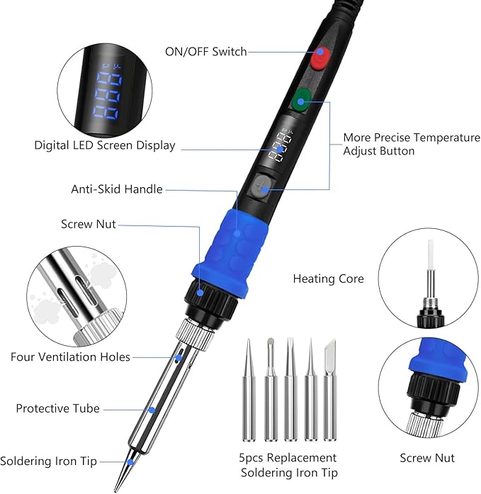 Soldering Iron Kit, 90W LED Digital Solder Iron Kit with Ceramic Heater, 110V Welding Tools with Smart Temperature Control, Auto Sleep, Temp Calibration, C/F, Accurate 176β-896β