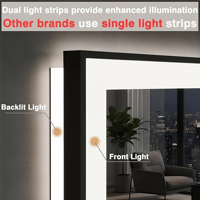 32x36 LED Bathroom Mirror - Black Border (Front and Backlit), Anti-Fog Vanity Mirror with Lights,Stepless Dimmable Illuminated Mirror,3 Colors Smart Mirror(Horizontal/Vertical)