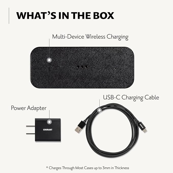 Courant Catch:2 Classics - Italian Leather Dual Wireless Charging Pad - Compatible with iPhone 11, X, SE, Galaxy S23, S22, S21, S20, Note, AirPods, AirPods Pro (Black)