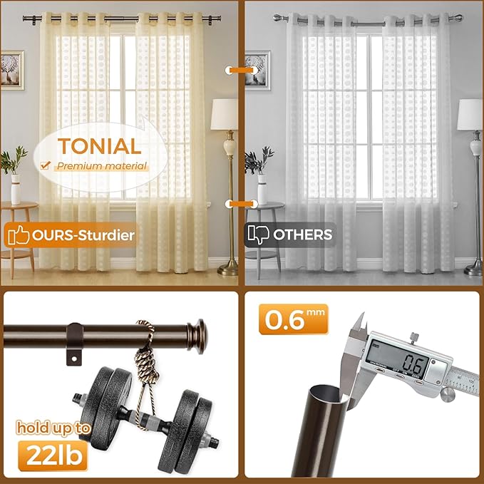 TONIAL 2 Pack Curtain Rods 32 to 58 Inch, Telescoping Splicing 3/4 Inch Single Rods for Windows Decorative Drapery Rod with Small Finial, Bronze