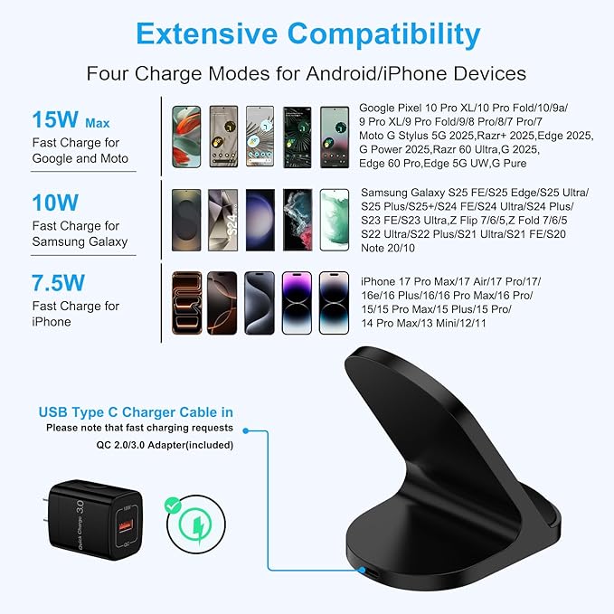 Samsung Wireless Phone Charger Stand for Android Samsung Galaxy S25 Ultra S25 FE S24 Plus Z Flip7 S23,Wireless Charging Station for Google Pixel 10/10 Pro XL/Fold/9a/9Pro/8/7,iPhone 17 16 with Adapter