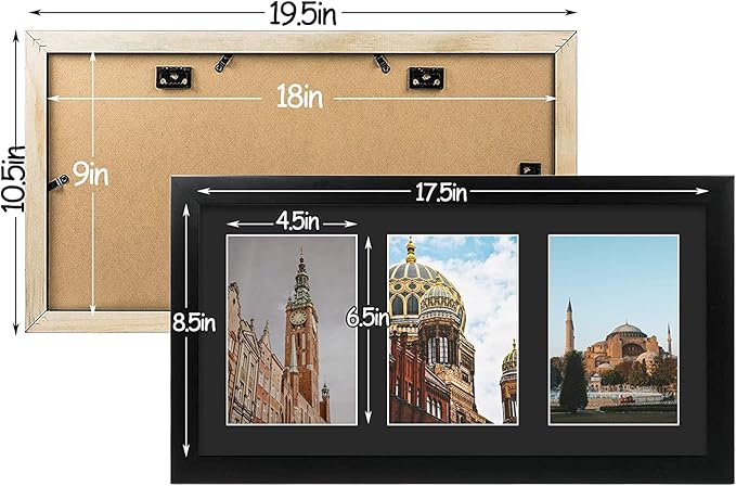 Golden State Art, Set of 10, 9x18 Black Wood Frame - Black Mat for Three 5x7 Pictures - Sawtooth Hangers- Swivel Tabs - Wall Mounting - Landscape/Portrait - Real Glass - Collage Frame
