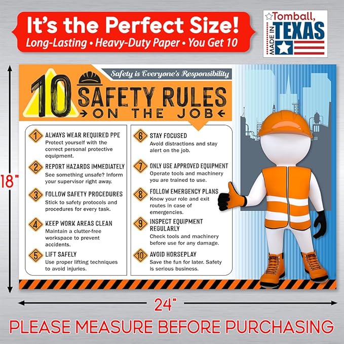 10 Safety Rules on the Job Poster 2026 Version – 18x24 Durable Laminated Safety Sign, Tear-Resistant, Waterproof Workplace Safety Poster for Industrial and Construction Settings (Pack of 10)