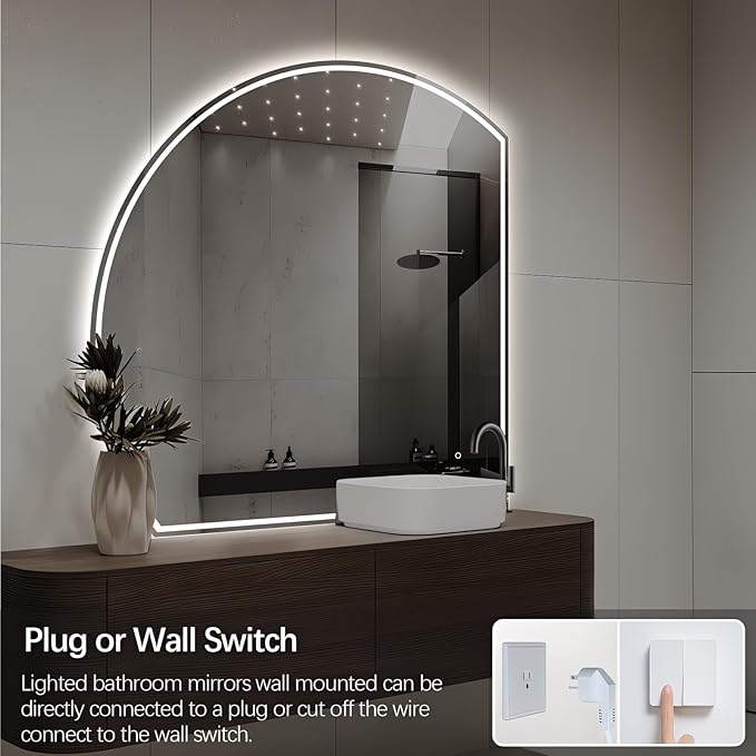 Niccy Half Moon Led Mirror for Bathroom, 36" Semi Round Backlit Mirror for Wall Lighted Mirror with Frameless 3 Color, Defogger, Explosion-Proof, HD Glass and IP65 Vanity Mirror