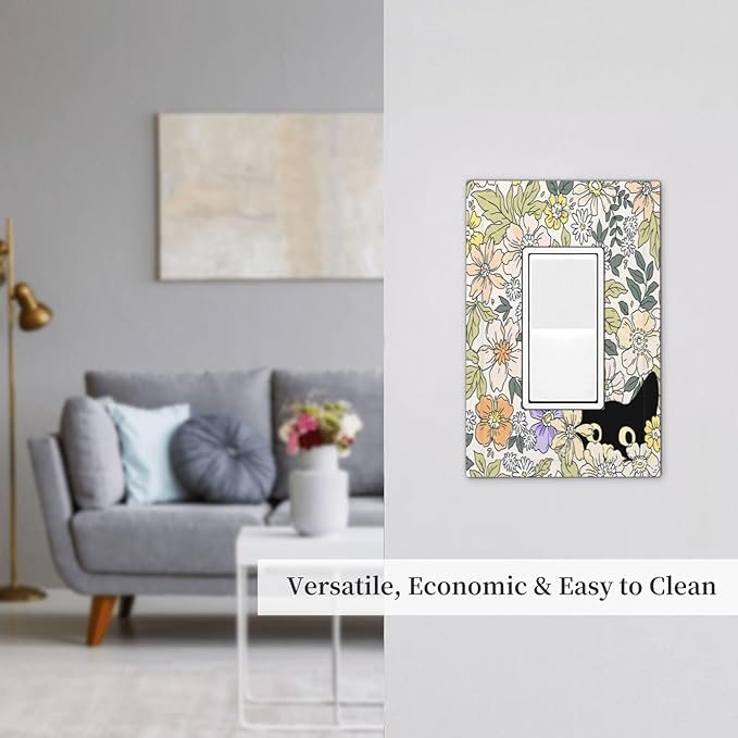 Decorative Outlet Covers Cute Black Cat in a Flower Patch Botanical Garden 1 Gang Rocker Light Switch Covers Single Decora GFCI Device Wall Plate for Bedroom Home Decor (2 Pack)