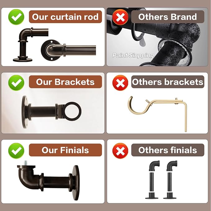 Brown Curtain Rods 18 to 88 Inch, Industrial Curtain Rods,Adjustable Length,1 in Diameter Pipe,Wall or Ceiling Mounted,for Bedroom and Living Room(Antique Bronze 18” to 88”)