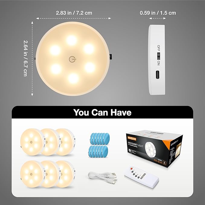 Puck Lights with Remote Control,1000mAh rechargeable under cabinet lighting,LED Closet Lights,3Pack Tap Light,Cordless Stick On Lights for Under Cabinet,Hallway, Stairway,Closet (Warm White-6PCS)