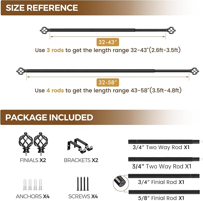 KAMANINA Black Curtain Rod 32 to 58 Inch(2.6-4.8ft), Adjustable Curtain Rods for Windows 28 to 48 Inch, 3/4 Inch Splicing Drapery Rods with Twisted Cage Finial
