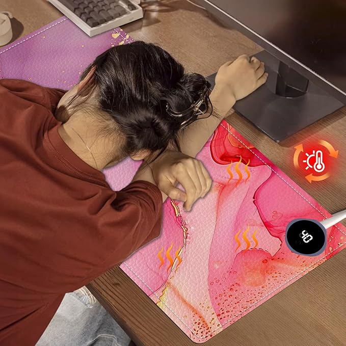 Heated Mouse Pad, Warm Desk Pad, Keyboard Mat 31.5 x 13 Inch Large Size Intelligent Fast Heating, 3 Speed Adjustable, Timed Auto Power Off for Game Office Home,Pink Marble