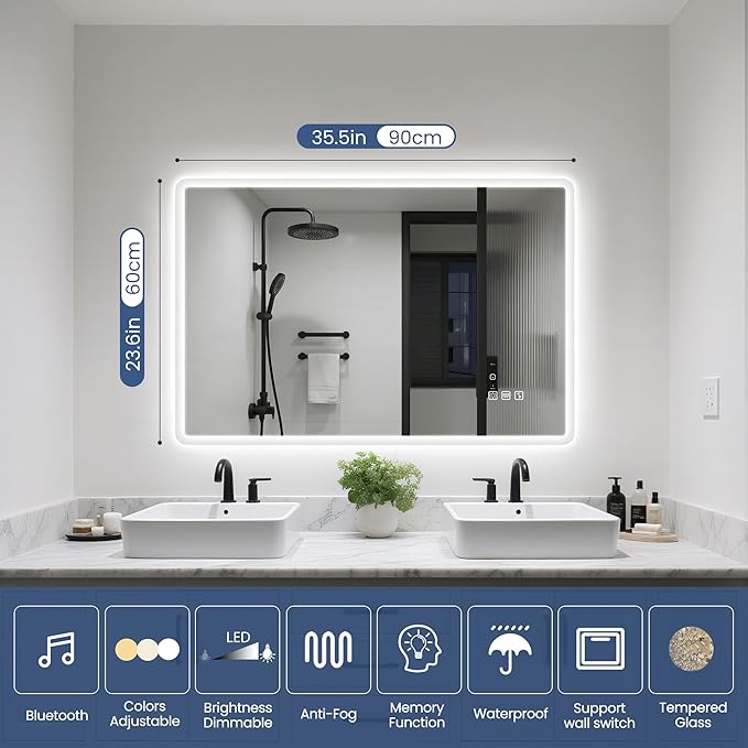 STARLEAD 24"x36" LED-Bathroom-Mirror-with-Lights, Wall-Mounted with Bluetooth Speaker, Anti-Fog, 3 Color Temperature, Dimmable Brightness, Waterproof, Tempered Glass, Frontlit & Backlit