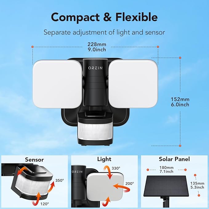 OREiN Wired and Solar Hybrid LED Smart Motion Sensor Light Outdoor Flood Lights with RGB Uplight Bluetooth APP Solar Motion Lights Outdoor Waterproof IP65 for Yard Garage Gate