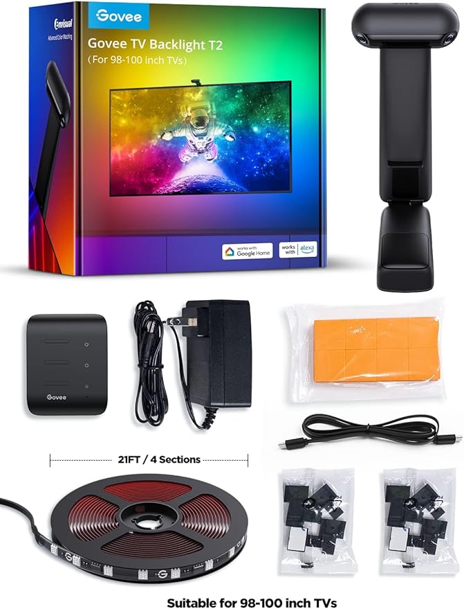 Govee Envisual TV LED Backlight T2 with Dual Cameras, 21ft RGBIC Wi-Fi LED Strip Lights for 98-100 inch TVs, Double Strip Light Beads, for Home Decorations, Smart App Control, Music Sync
