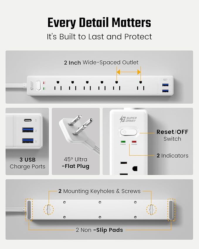 10Ft Extension Cord with Multiple Outlets, SUPERDANNY Flat Plug Surge Protector Power Strip 10 Ft Long Cord, 6 Outlets & 3 USB Ports, Charging Station for Home Office, College Dorm Room Essentials