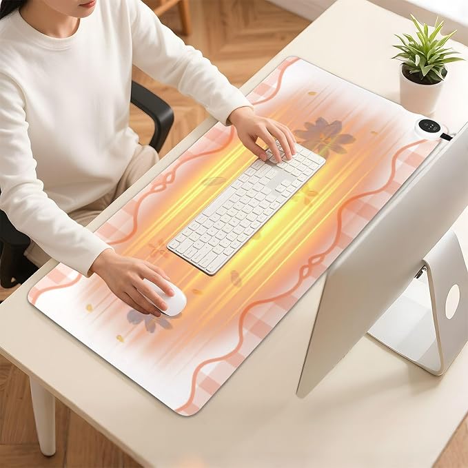 Orange Floral Plaid Heated Desk Pad Mouse Pad 31.5x13 Inch PU Leather Desk Mat with 3 Heat Levels Large Mouse Gaming Computer Laptop Mat