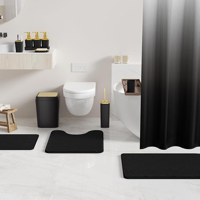Bathroom Sets with Shower Curtain and Rugs, 27PC Bathroom Accessory Set, Black Bathroom Set, Black and Gold Bathroom Accessories Set with Trash Can, Toilet Brush and Soap Dispensers