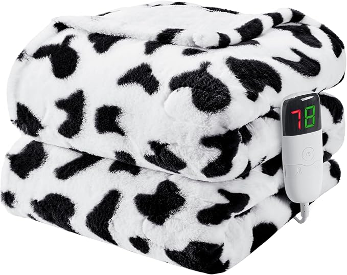 Cow Print Heated Electric Blanket Full Size,72X84 Black Heating Blanket with 10 Heats Levels & 8 Hours Auto Off,Cute Cow Fleece Sherpa Blankets Warmer Gifts for Women Adults,Washable