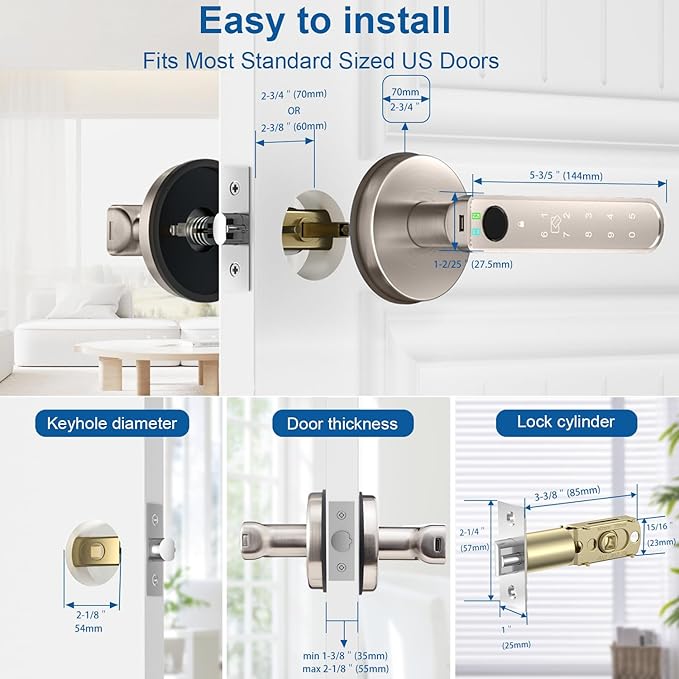 Fingerprint Door Lock, Fingerprint Door Knob Biometric Door Lock Smart Door Knob with App Control, Keyless Entry with Handle for Home Office Apartment Bedroom Nickel
