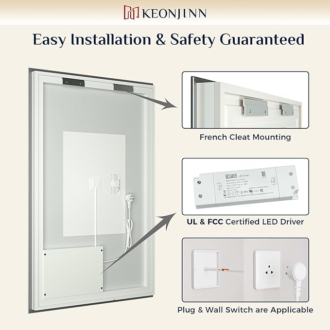 Keonjinn 28 x 36 Inch LED Bathroom Mirror with Backlit, Anti-Fog Vanity Mirror, CRI90+ HD Tempered Glass, Stepless Dimmable, High Lumen, UL Listed, Waterproof, Horizontal/Vertical
