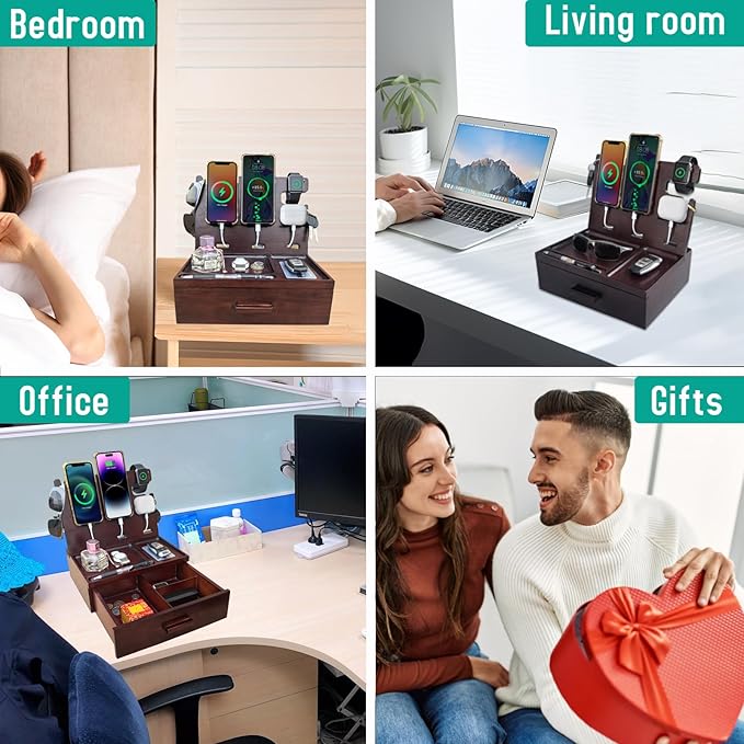 Wood Phone Docking Station with Drawer Nightstand Organizer Charging Station with 4 USB Charger Fast Charging for Dual Phone Apple Android Phones Anniversary Birthday Gifts for Men Dad Hunsband Mom
