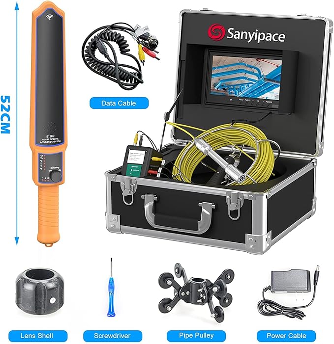 Sanyipace Sewer Camera with Locator 65 FT/20 M, Drain Pipe Inspection Camera with Detector, Waterproof Cámara Probe w/h 512Hz Transmitter, Distance Counter, 9" Color Screen, 16GB TF Card, 5mm Cable